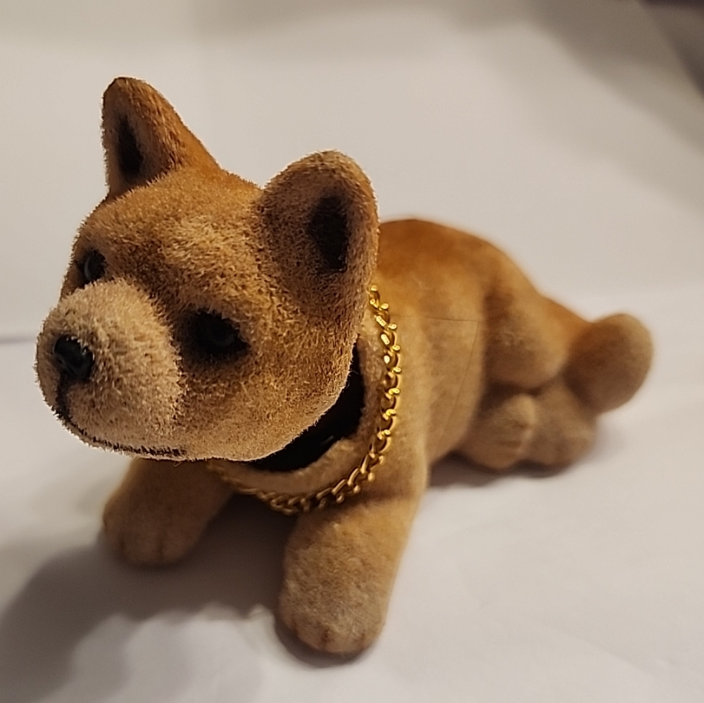 Vintage Tan Flocked Bobblehead Dog Gold Chain Collar 5" Nodder Sheba Inu
